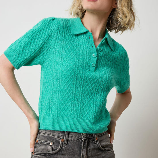 Mixed Stitch Elbow Sleeve Polo Womens Sweater Cascade A1