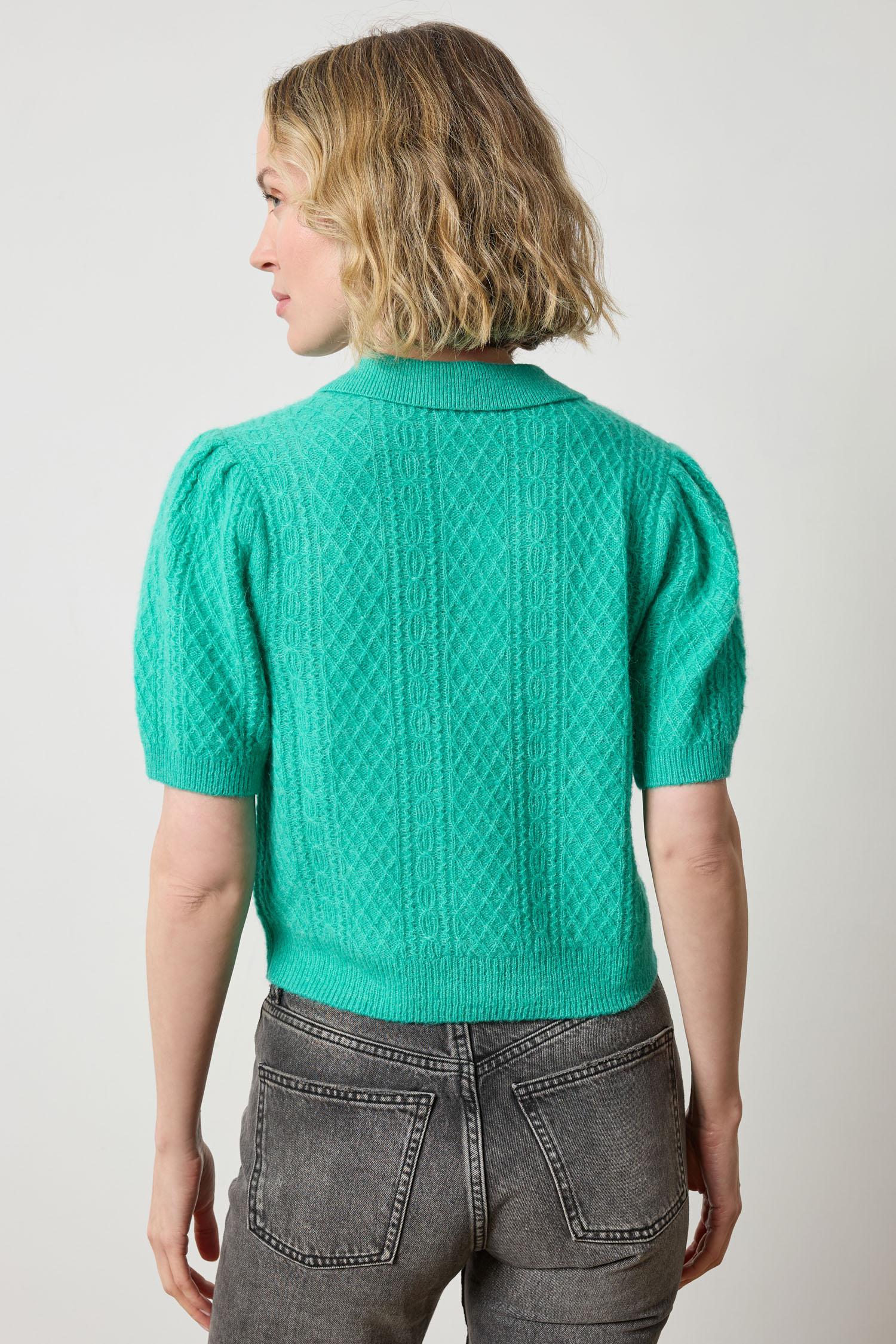 Mixed Stitch Elbow Sleeve Polo Womens Sweater Cascade A2