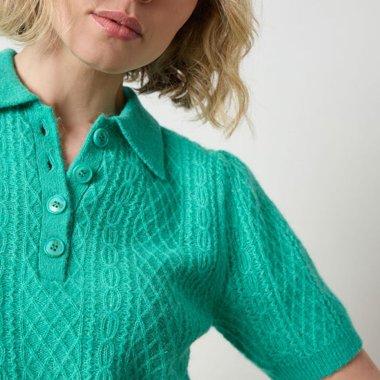 Mixed Stitch Elbow Sleeve Polo Womens Sweater Cascade A3