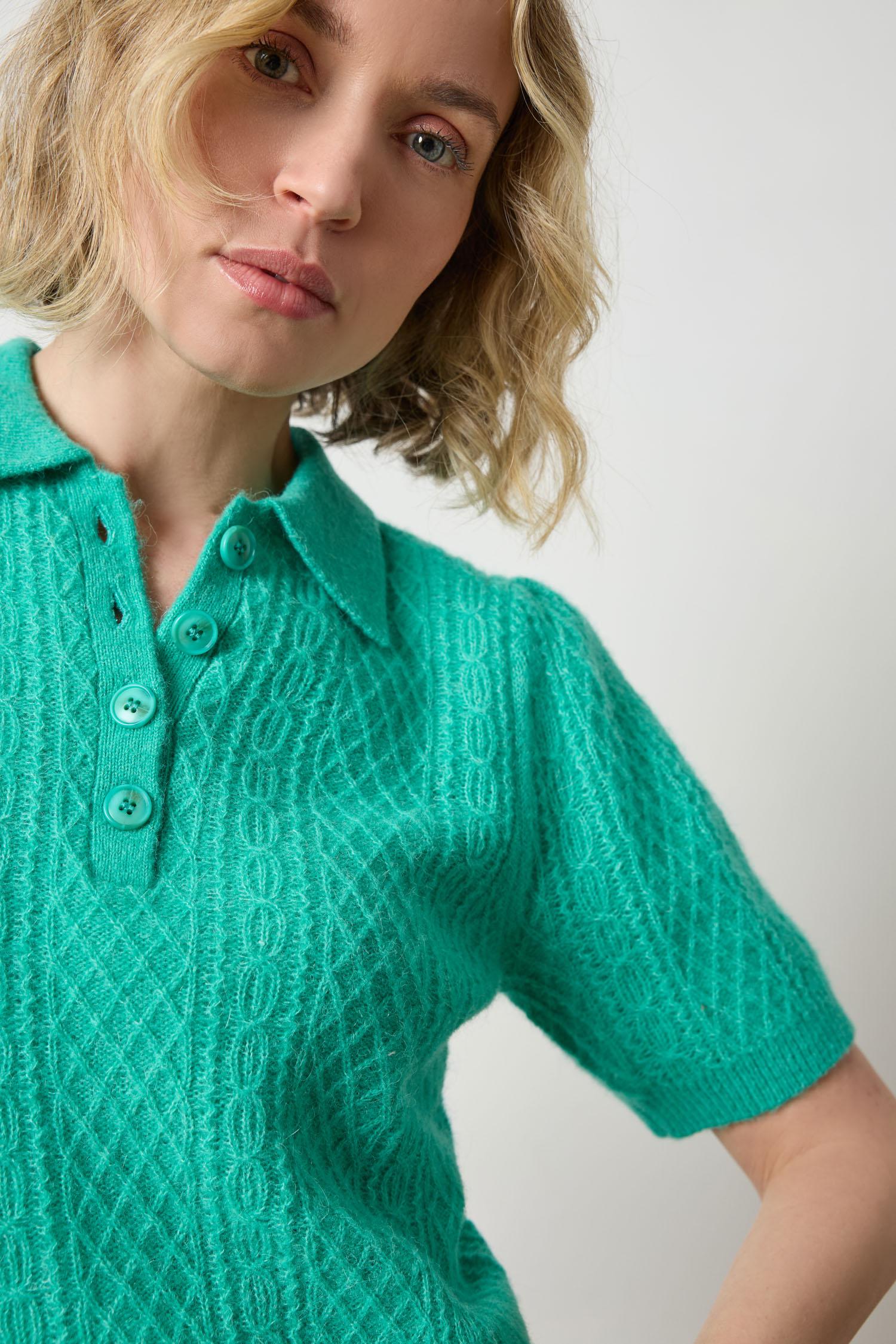 Mixed Stitch Elbow Sleeve Polo Womens Sweater Cascade A3