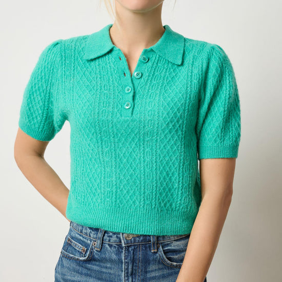Mixed Stitch Elbow Sleeve Polo Womens Sweater Cascade A5