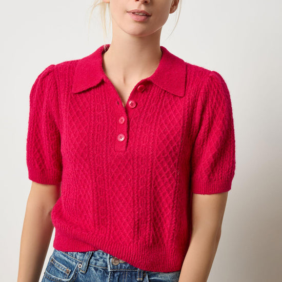 Mixed Stitch Elbow Sleeve Polo Womens Sweater Fuchsia A1