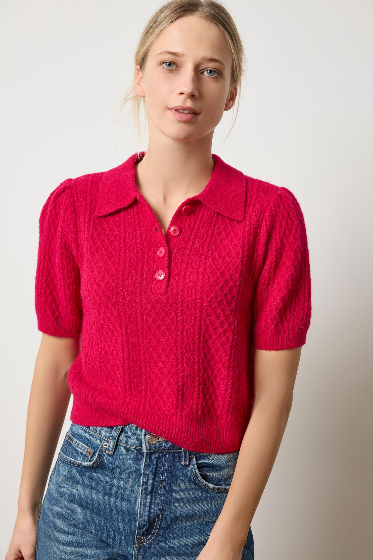Mixed Stitch Elbow Sleeve Polo Womens Sweater Fuchsia A1