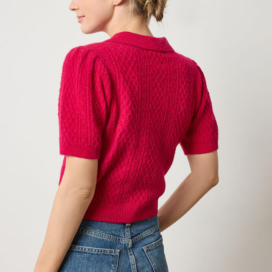 Mixed Stitch Elbow Sleeve Polo Womens Sweater Fuchsia A2