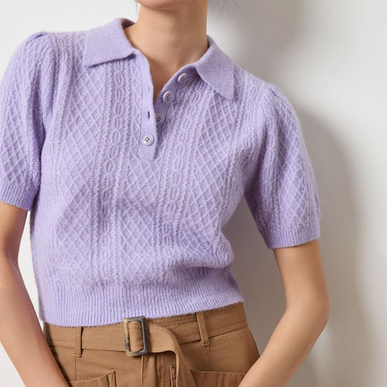 Mixed Stitch Elbow Sleeve Polo Womens Sweater Lavender A1