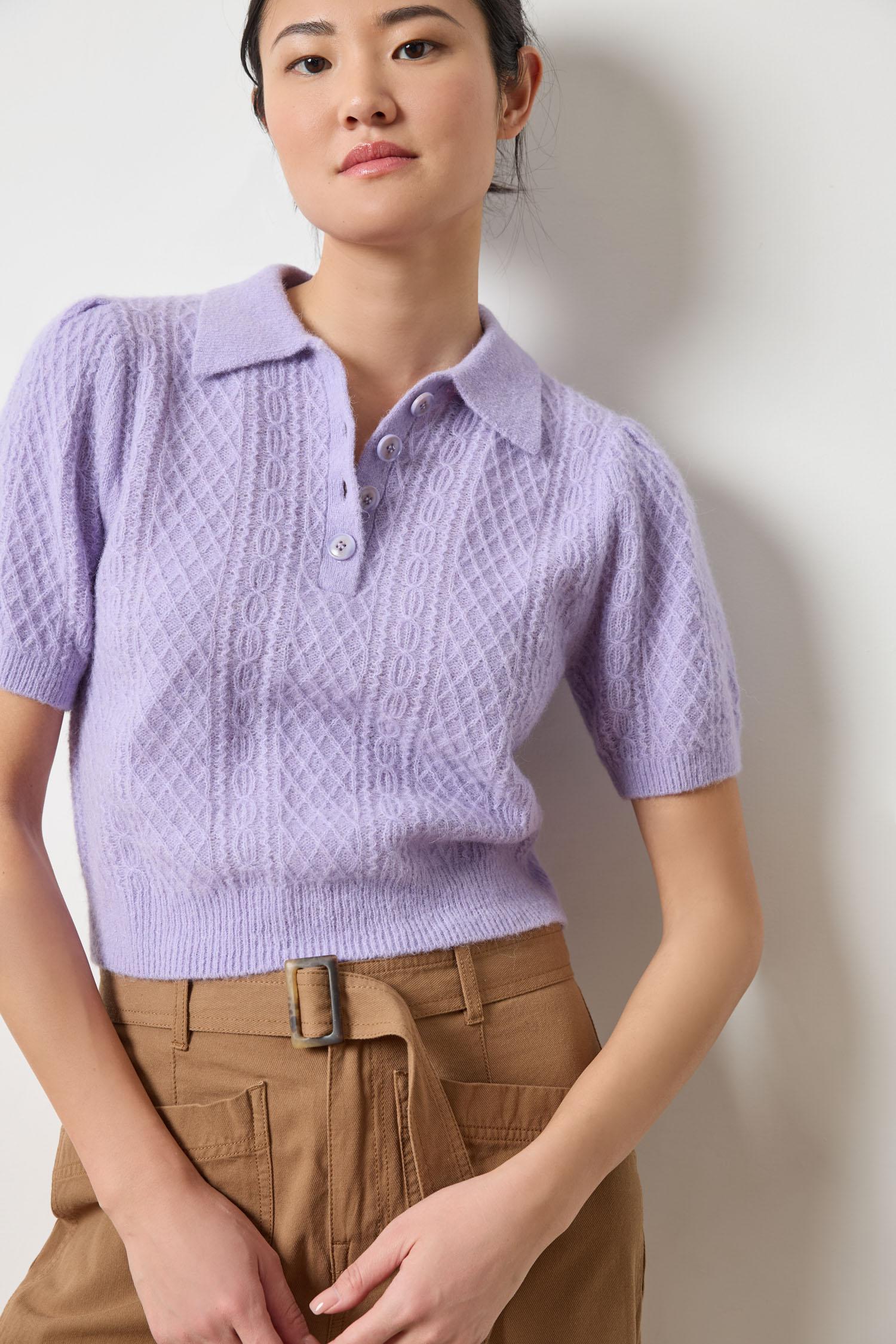 Mixed Stitch Elbow Sleeve Polo Womens Sweater Lavender A1