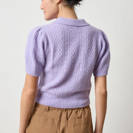 Mixed Stitch Elbow Sleeve Polo Womens Sweater Lavender A2