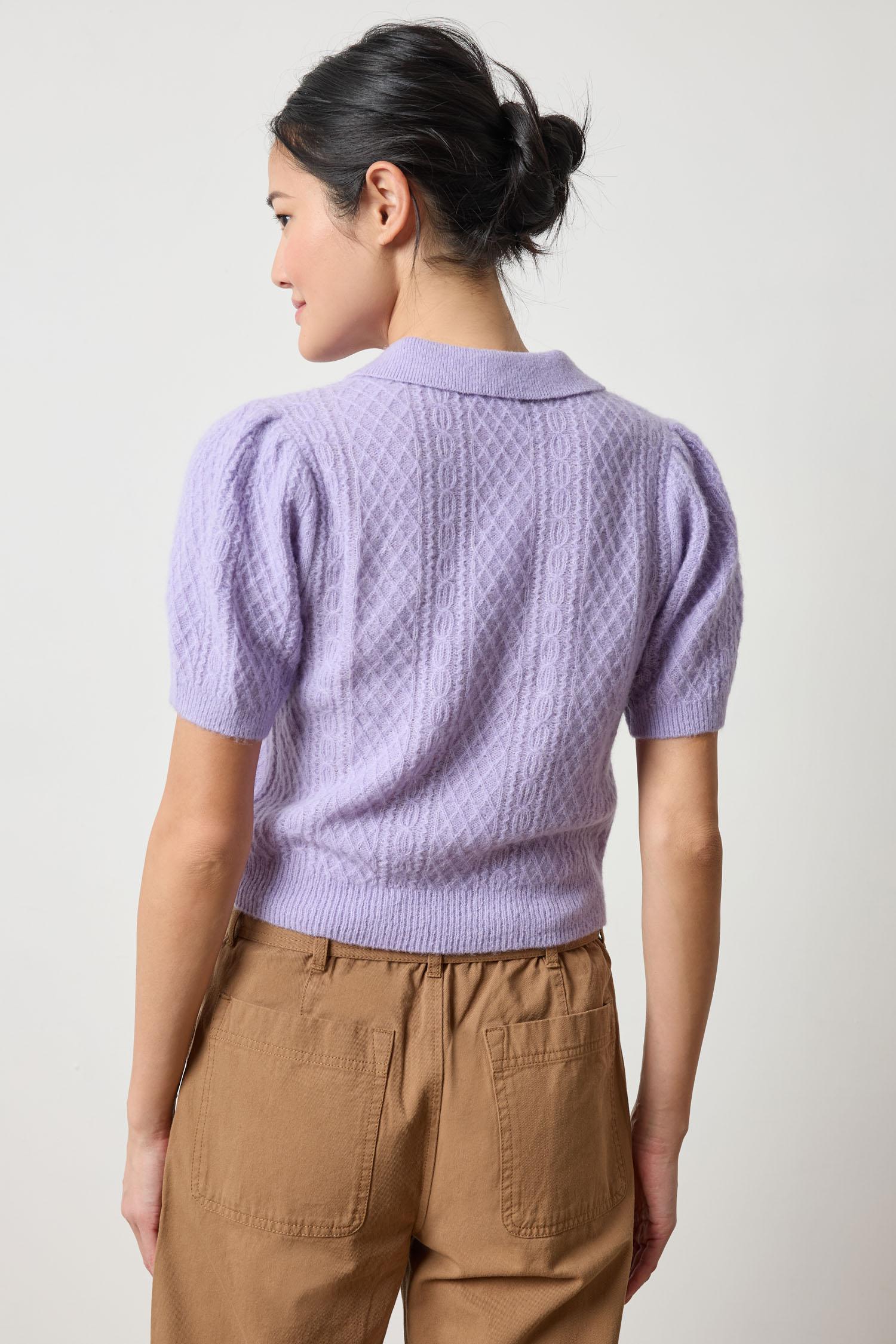 Mixed Stitch Elbow Sleeve Polo Womens Sweater Lavender A2