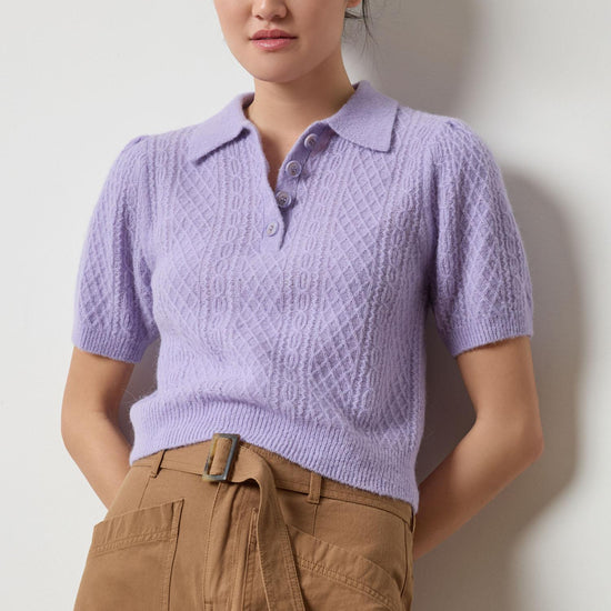 Mixed Stitch Elbow Sleeve Polo Womens Sweater Lavender A3