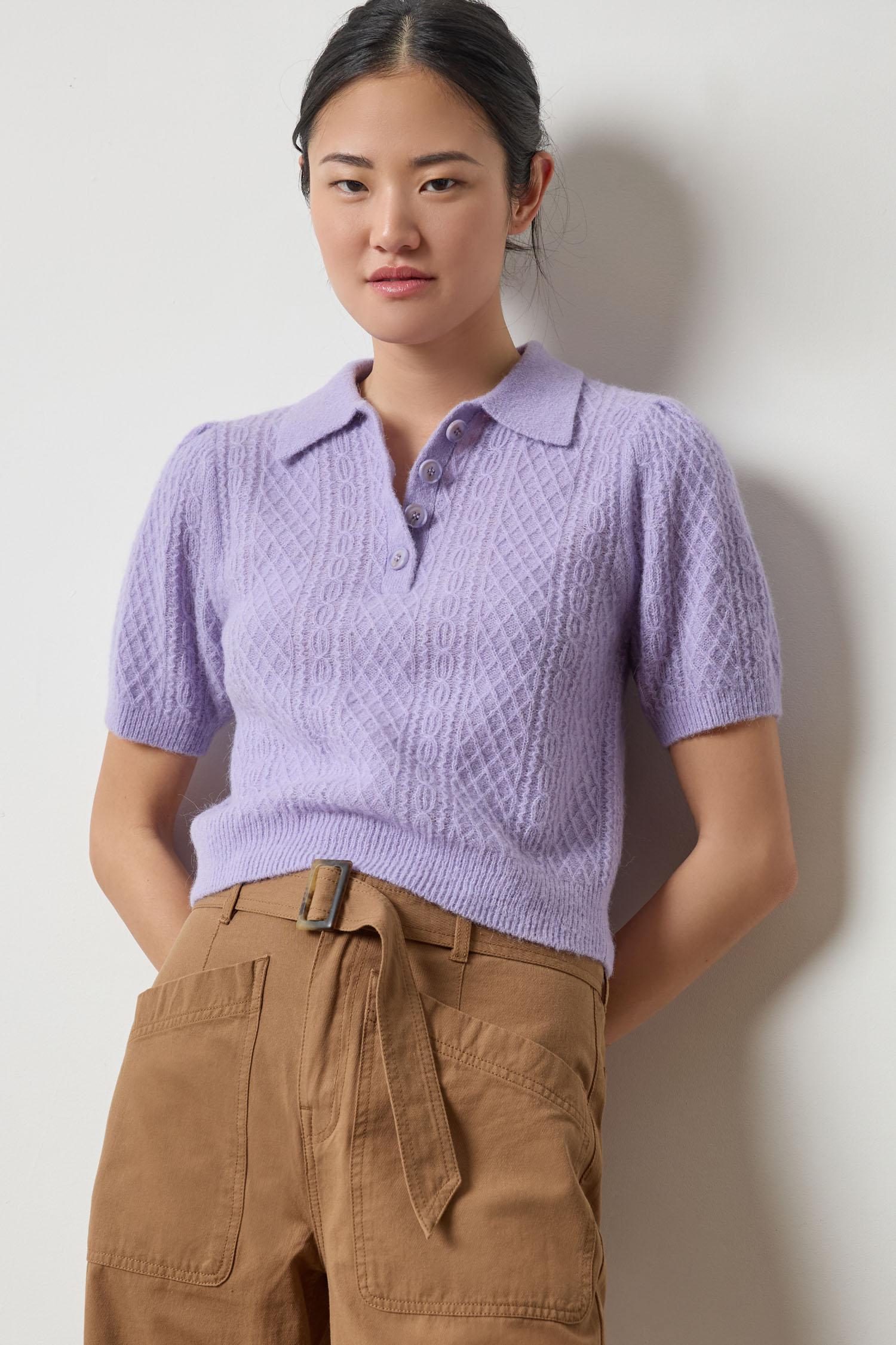 Mixed Stitch Elbow Sleeve Polo Womens Sweater Lavender A3