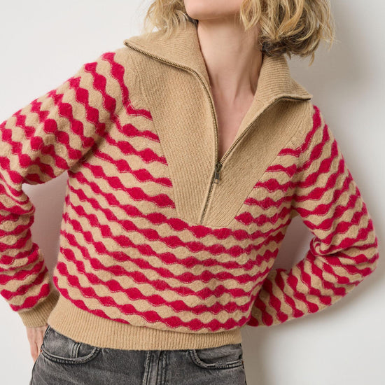 Mixed Stitch Half Zip in color Birch/Fuchsia Stripe Image A1