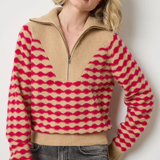 Mixed Stitch Half Zip in color Birch/Fuchsia Stripe Image A4