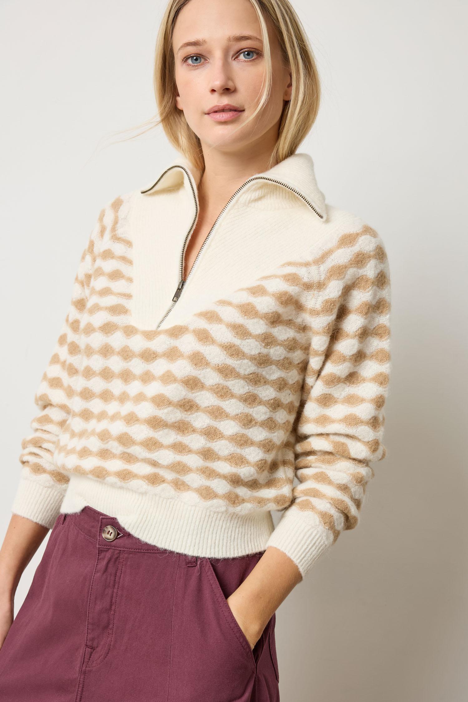 Mixed Stitch Half Zip in color Ivory/Birch Stripe Image A1