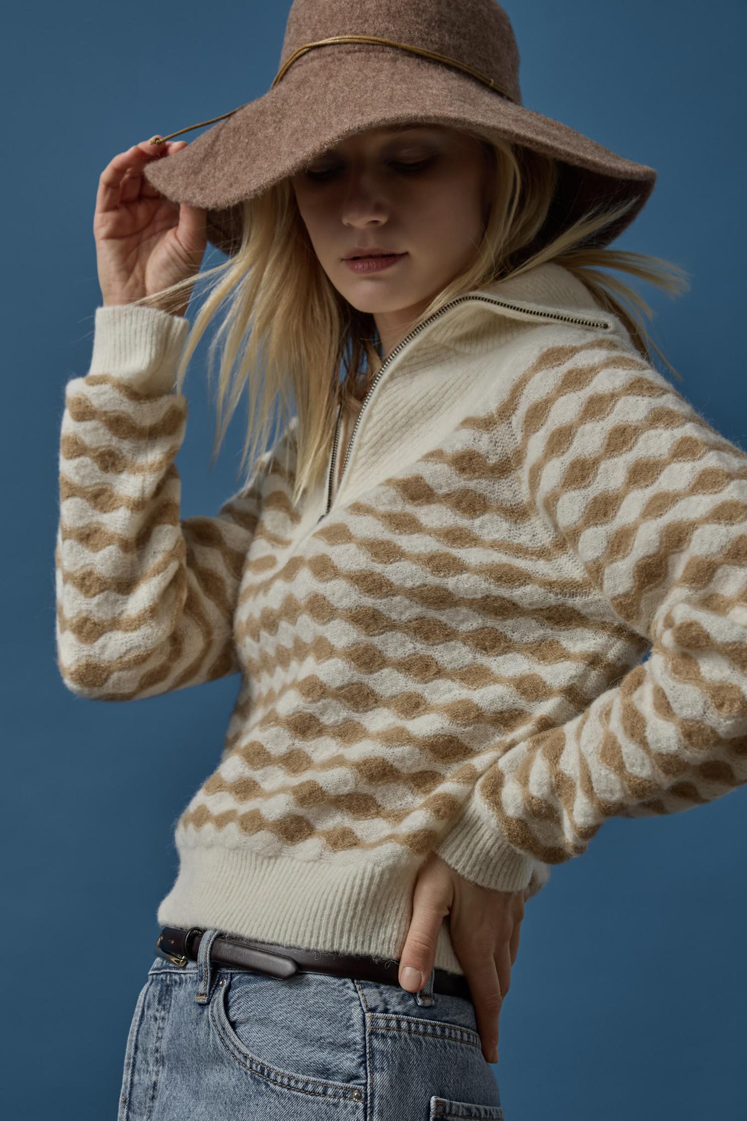 Mixed Stitch Half Zip in color Ivory/Birch Stripe Image C0