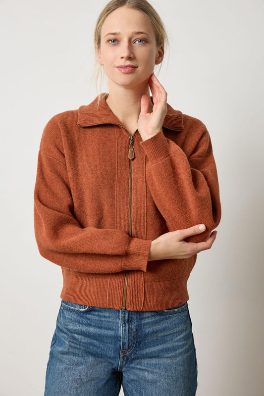 Zip Front Polo Cardigan in color Chutney Image A1