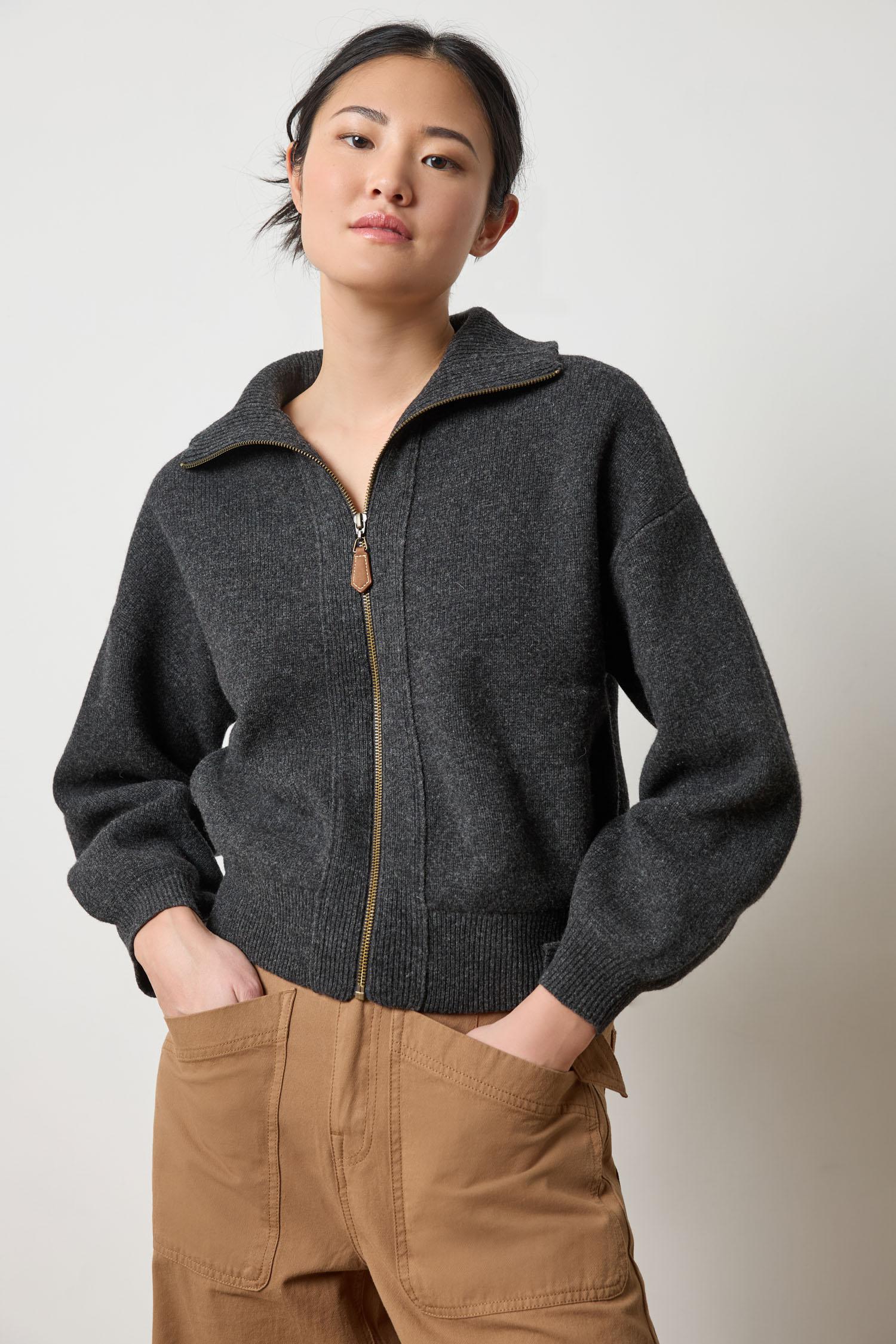 Zip Front Polo Cardigan in color Graphite Image A1