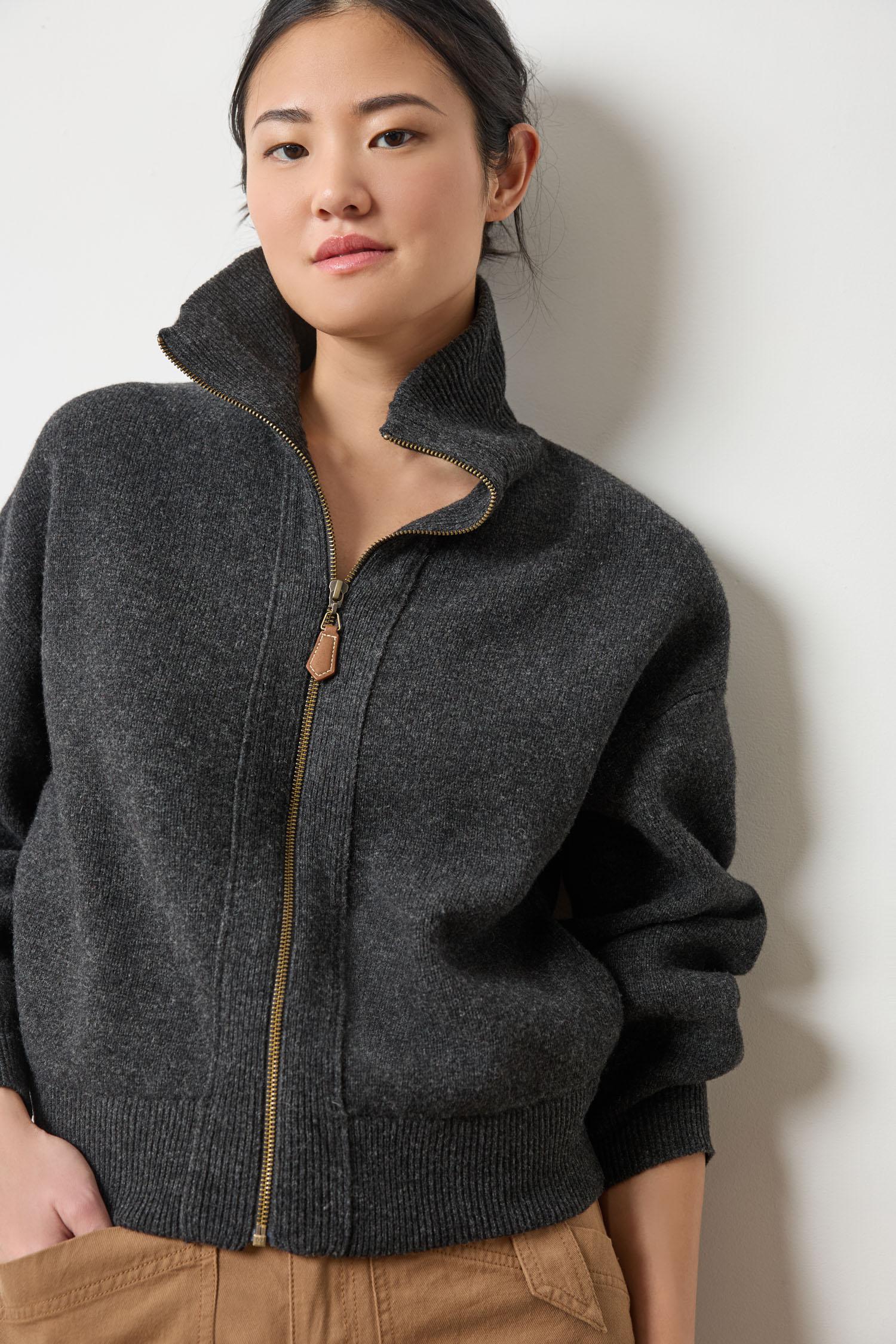 Zip Front Polo Cardigan in color Graphite Image A4