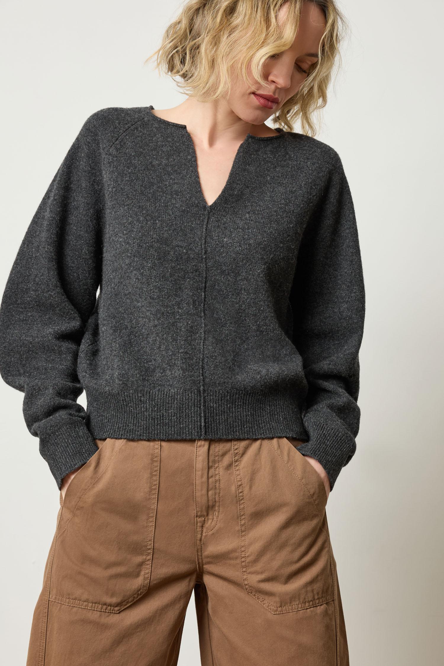 Split Neck Raglan Pullover in color Graphite Image A3