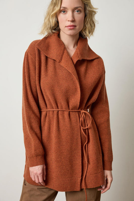Notch Collar Open Cardigan in color Chutney Image A1