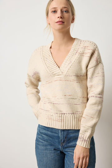 Oversized V-Neck Sweater Womens Sweater Eggshell Combo A1