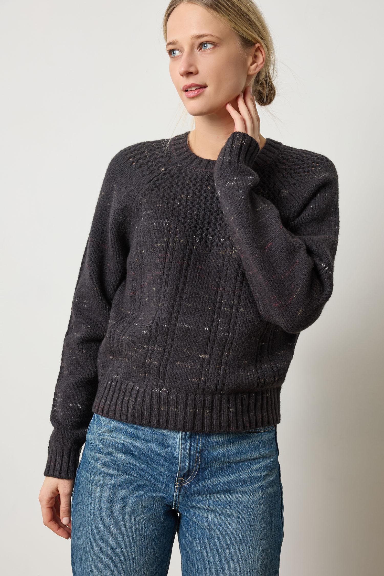 Open Stitch Crewneck Sweater in color Black Combo Image A3