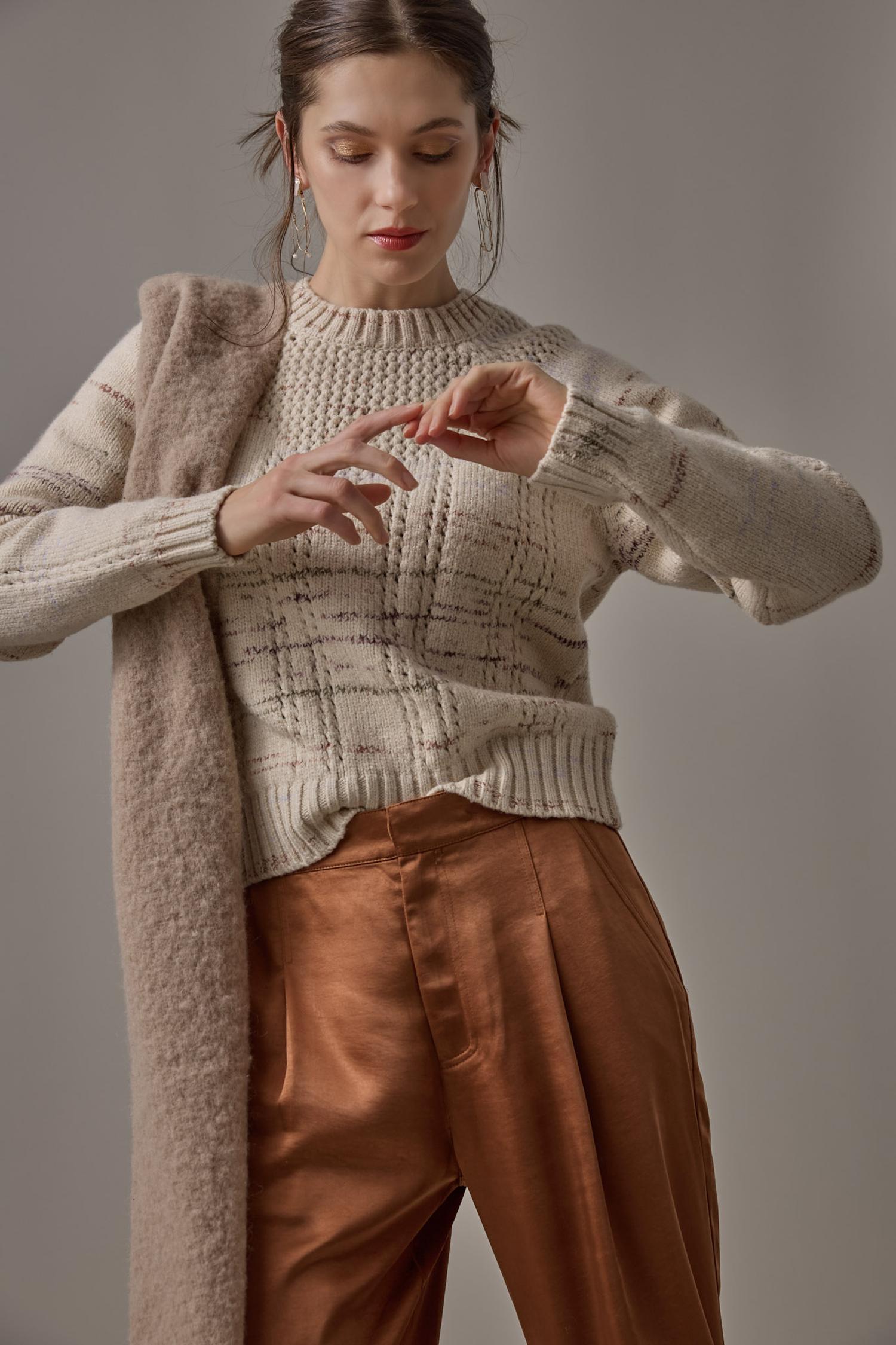 Open Stitch Crewneck Sweater in color Eggshell Combo Image C0