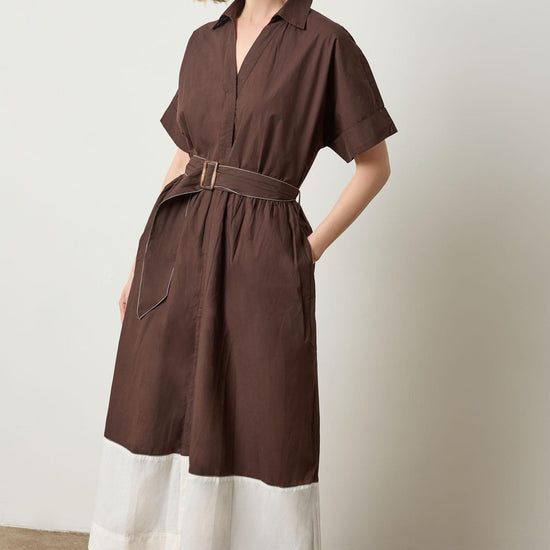 Collared Maxi Shirt Dress Womens Dress Espresso Colorblock A1