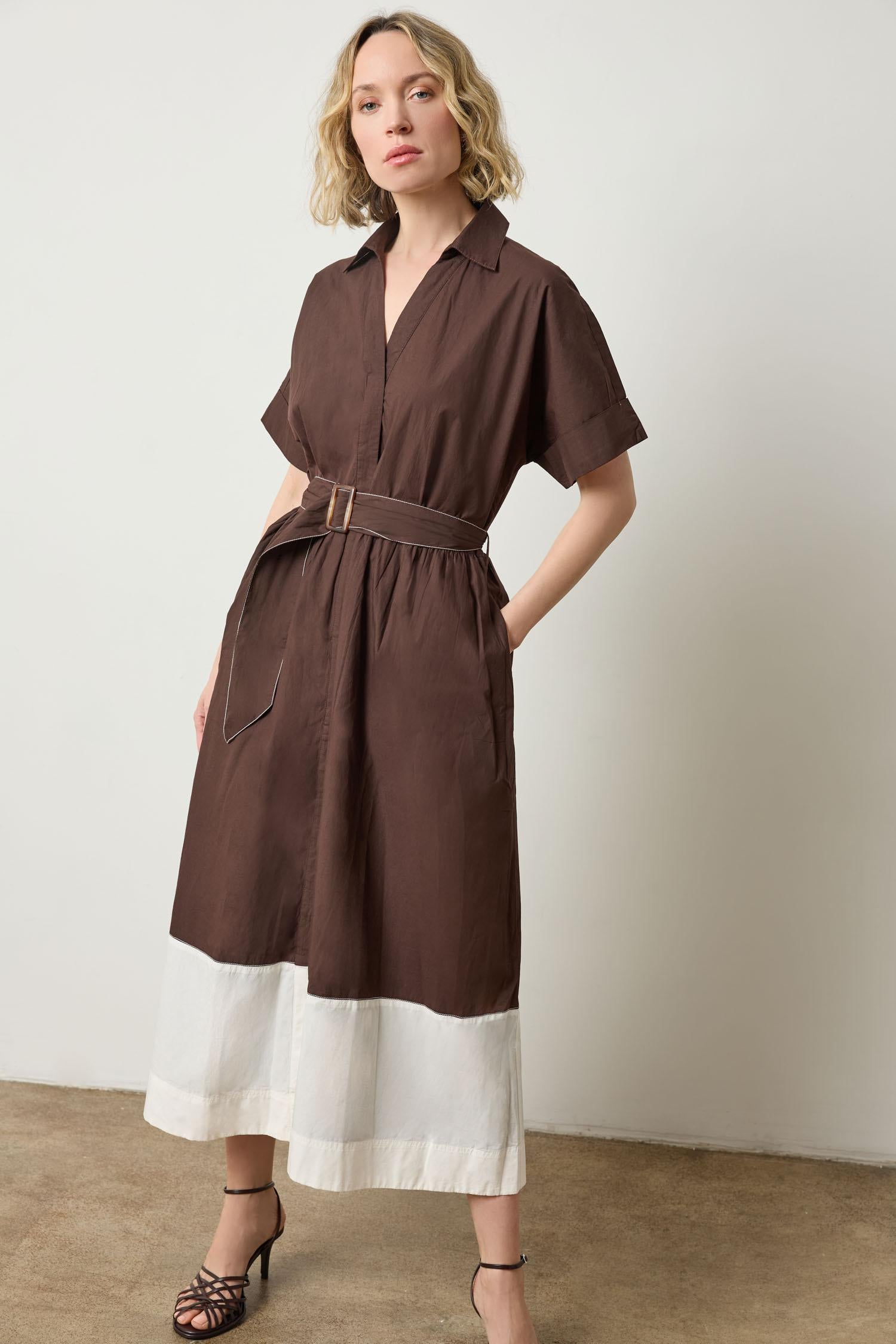 Collared Maxi Shirt Dress Womens Dress Espresso Colorblock A1