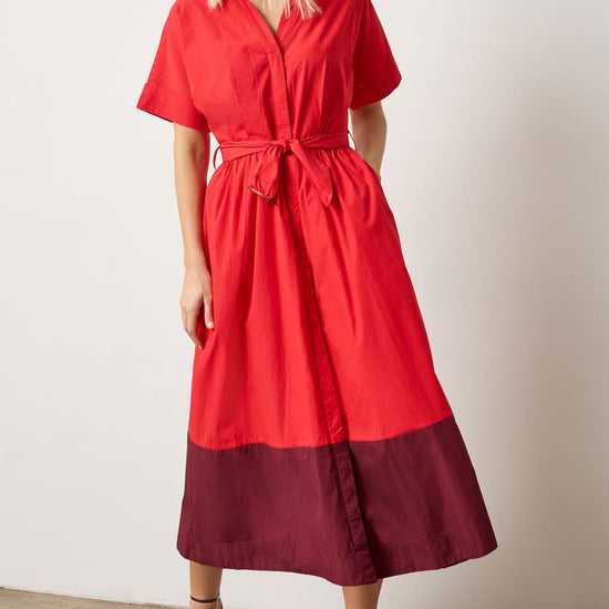 Collared Maxi Shirt Dress Womens Dress Scarlet Colorblock A1