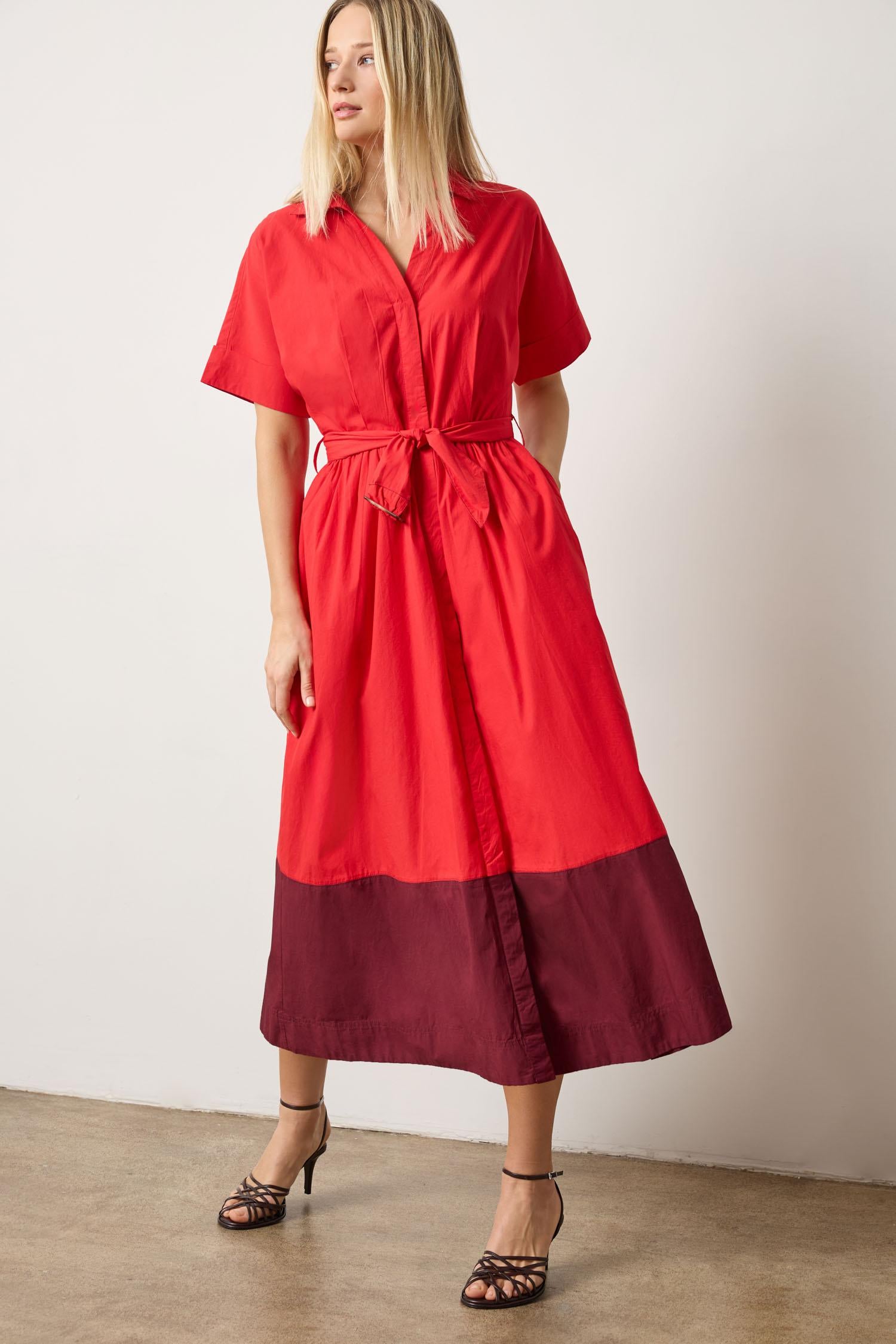 Collared Maxi Shirt Dress Womens Dress Scarlet Colorblock A1
