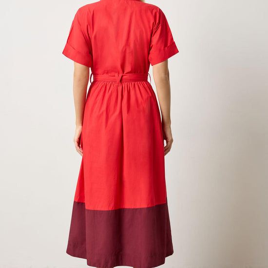 Collared Maxi Shirt Dress Womens Dress Scarlet Colorblock A2
