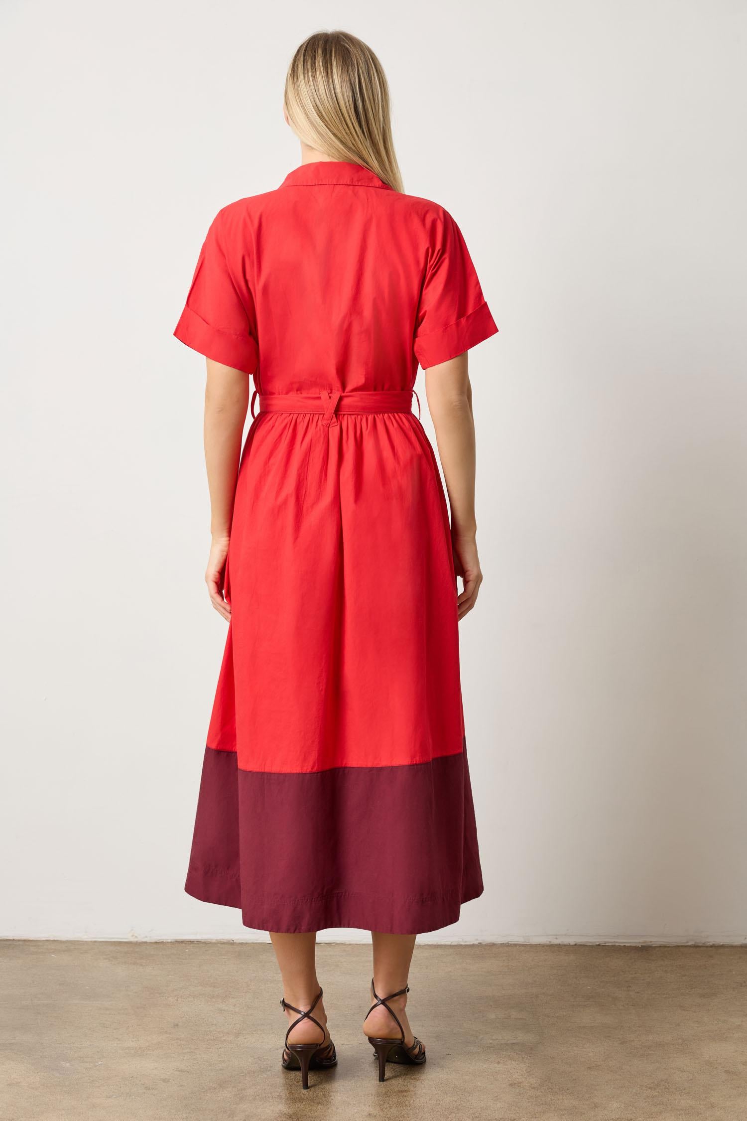 Collared Maxi Shirt Dress Womens Dress Scarlet Colorblock A2
