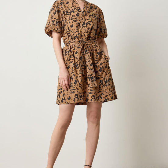 Shirred Sleeve Split Neck Dress in color Animal Floral Image A1