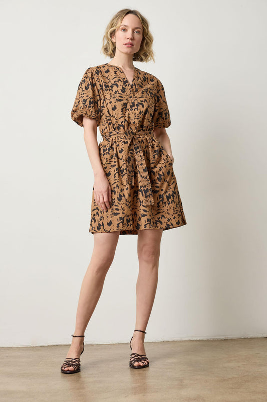 Shirred Sleeve Split Neck Dress in color Animal Floral Image A1