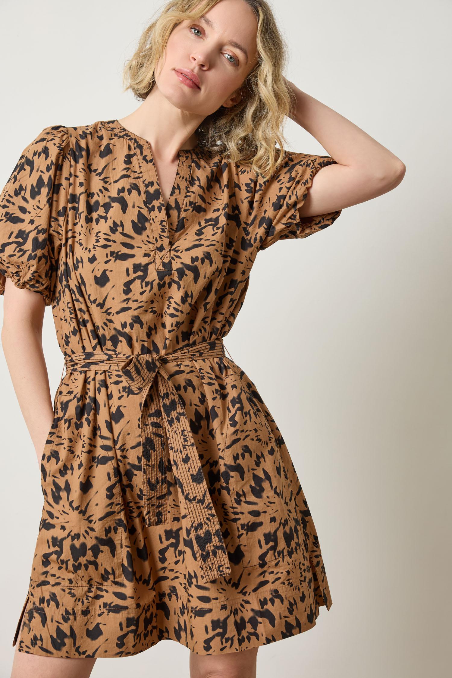 Shirred Sleeve Split Neck Dress in color Animal Floral Image A3