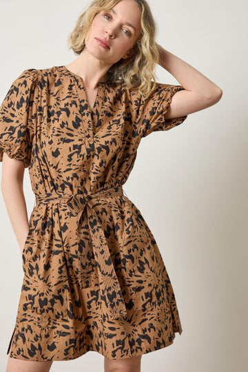 Shirred Sleeve Split Neck Dress in color Animal Floral Image A3