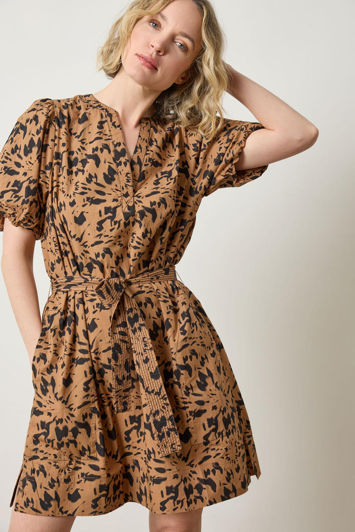 Shirred Sleeve Split Neck Dress
