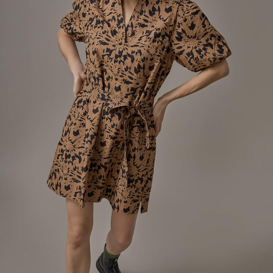 Shirred Sleeve Split Neck Dress in color Animal Floral Image C0