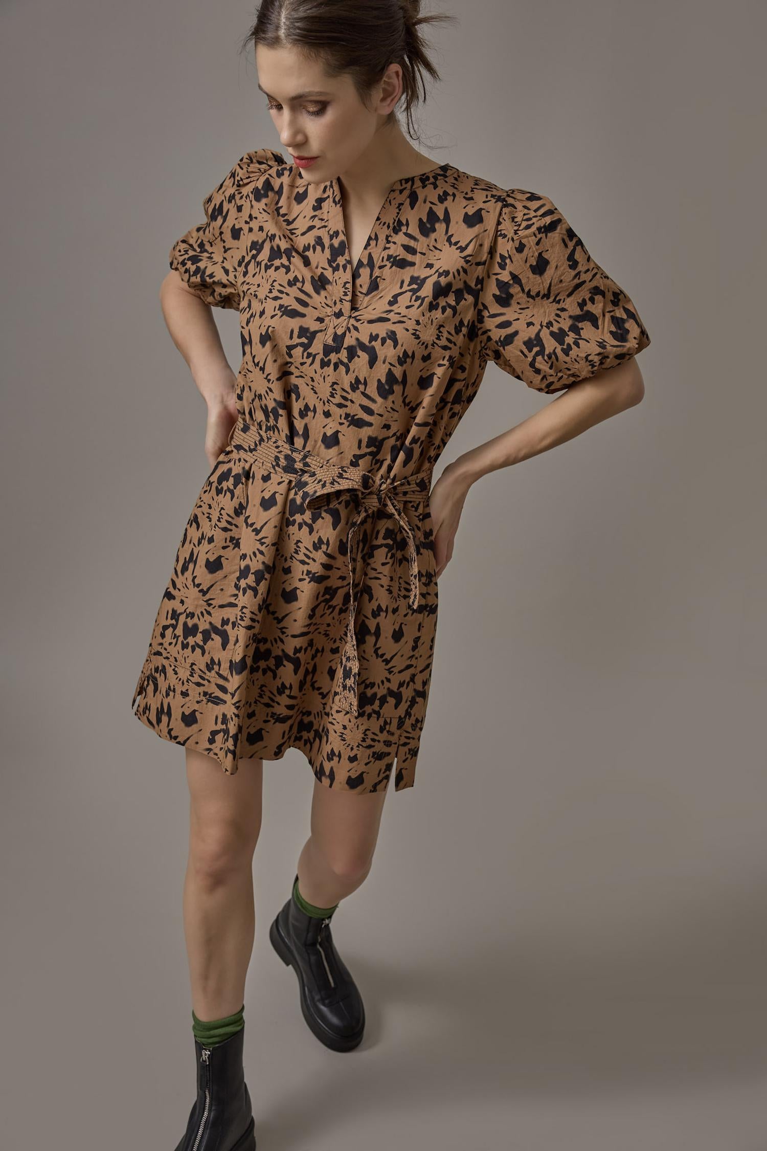 Shirred Sleeve Split Neck Dress in color Animal Floral Image C0