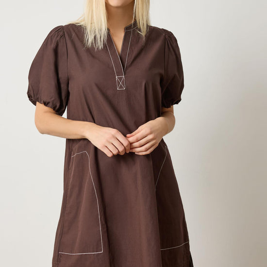 Shirred Sleeve Split Neck Dress in color Espresso Image A1