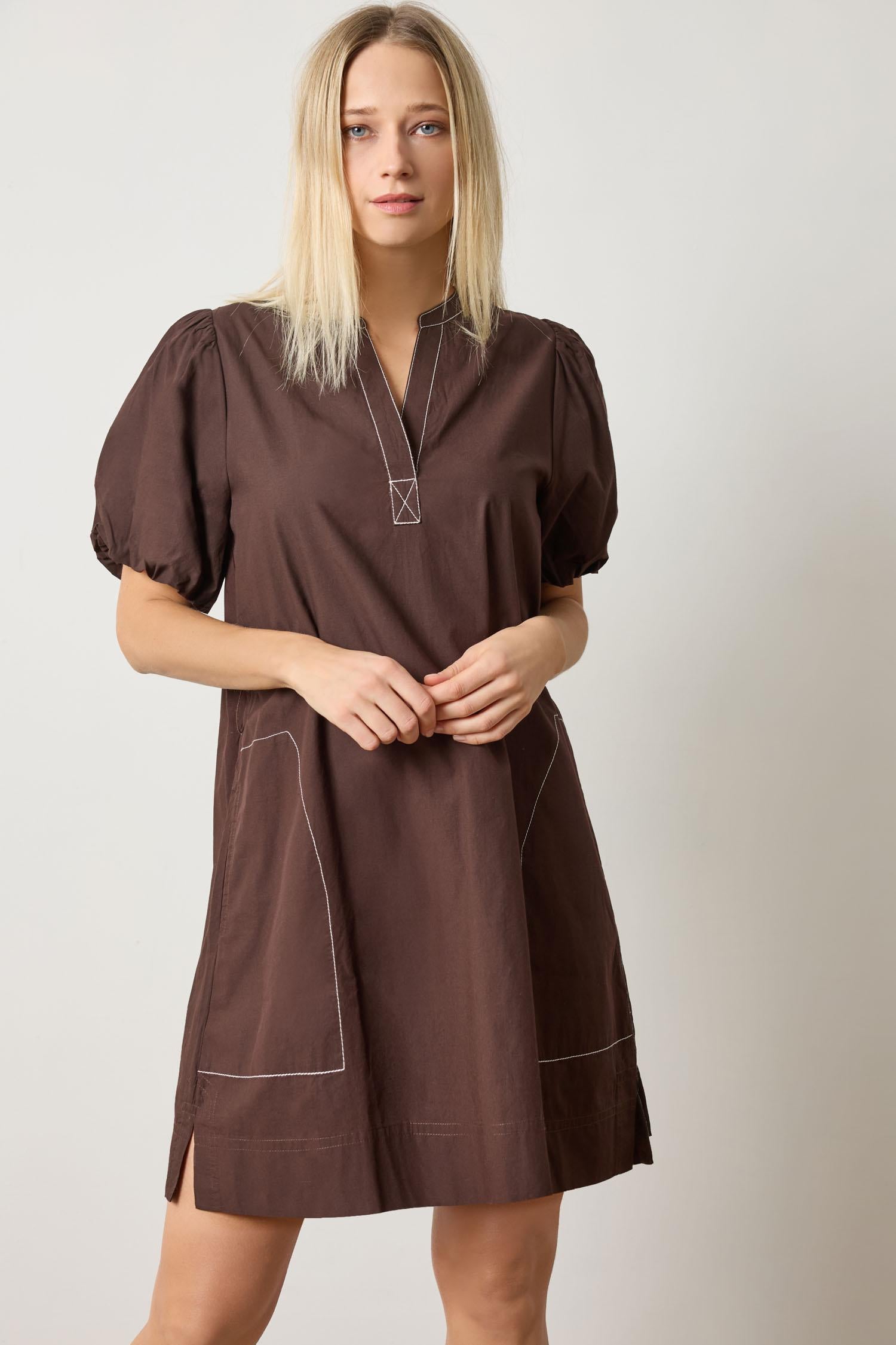 Shirred Sleeve Split Neck Dress in color Espresso Image A1