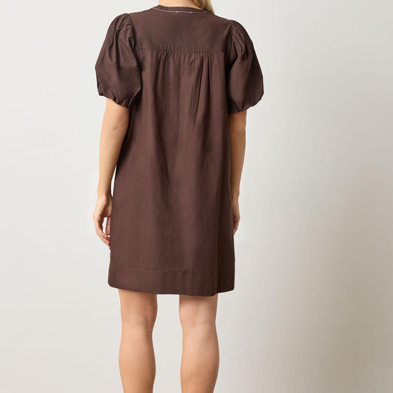 Shirred Sleeve Split Neck Dress in color Espresso Image A2