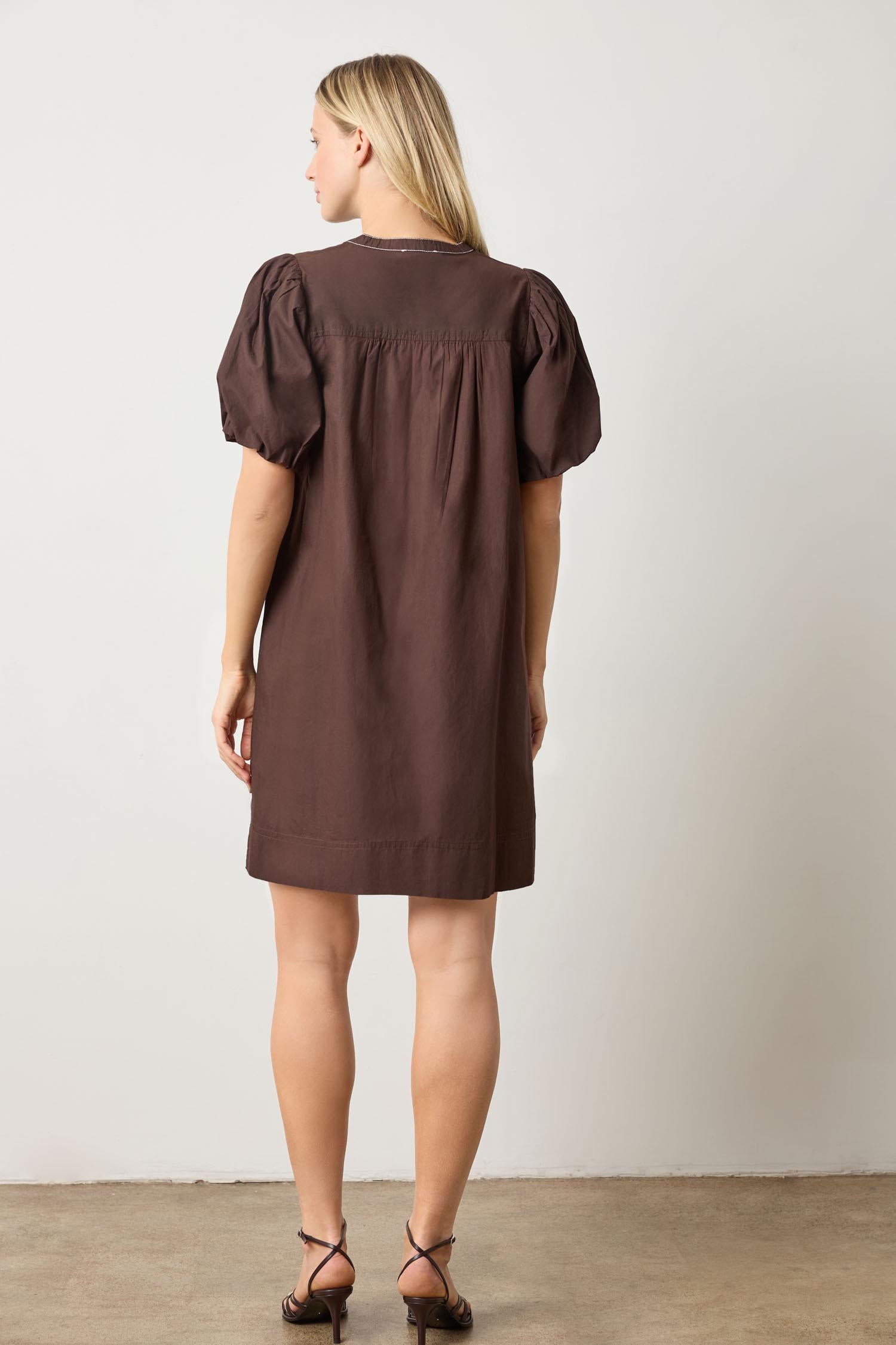 Shirred Sleeve Split Neck Dress in color Espresso Image A2