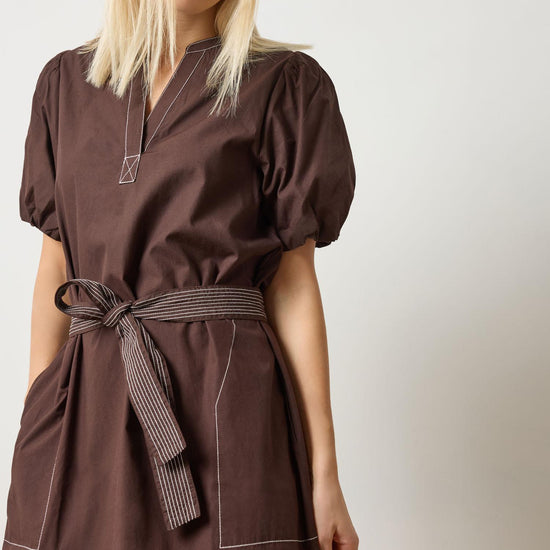 Shirred Sleeve Split Neck Dress in color Espresso Image A3