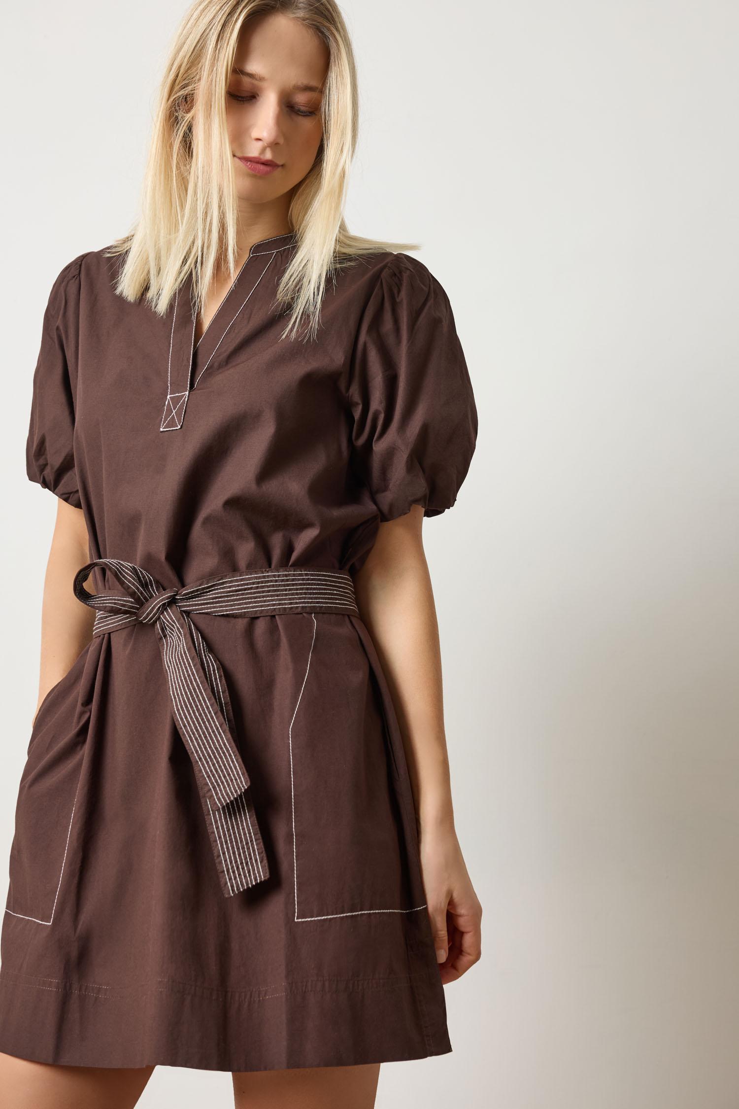 Shirred Sleeve Split Neck Dress in color Espresso Image A3