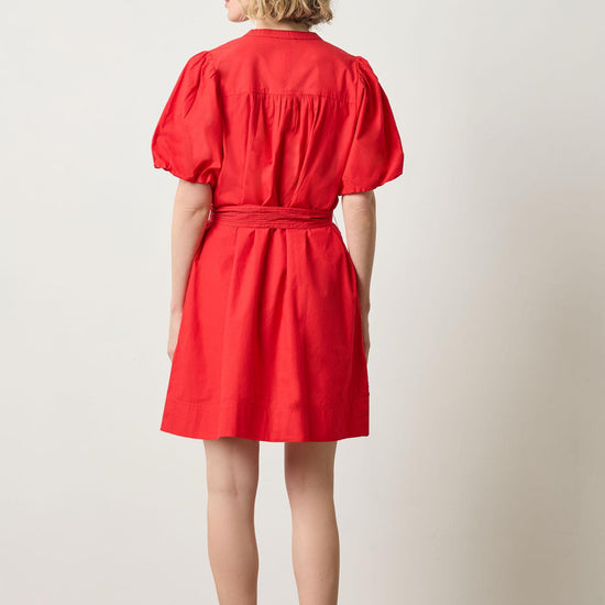 Shirred Sleeve Split Neck Dress in color Scarlet Image A2