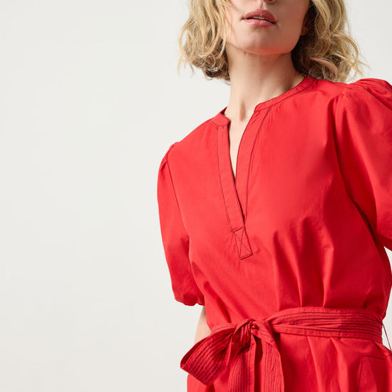 Shirred Sleeve Split Neck Dress in color Scarlet Image A3