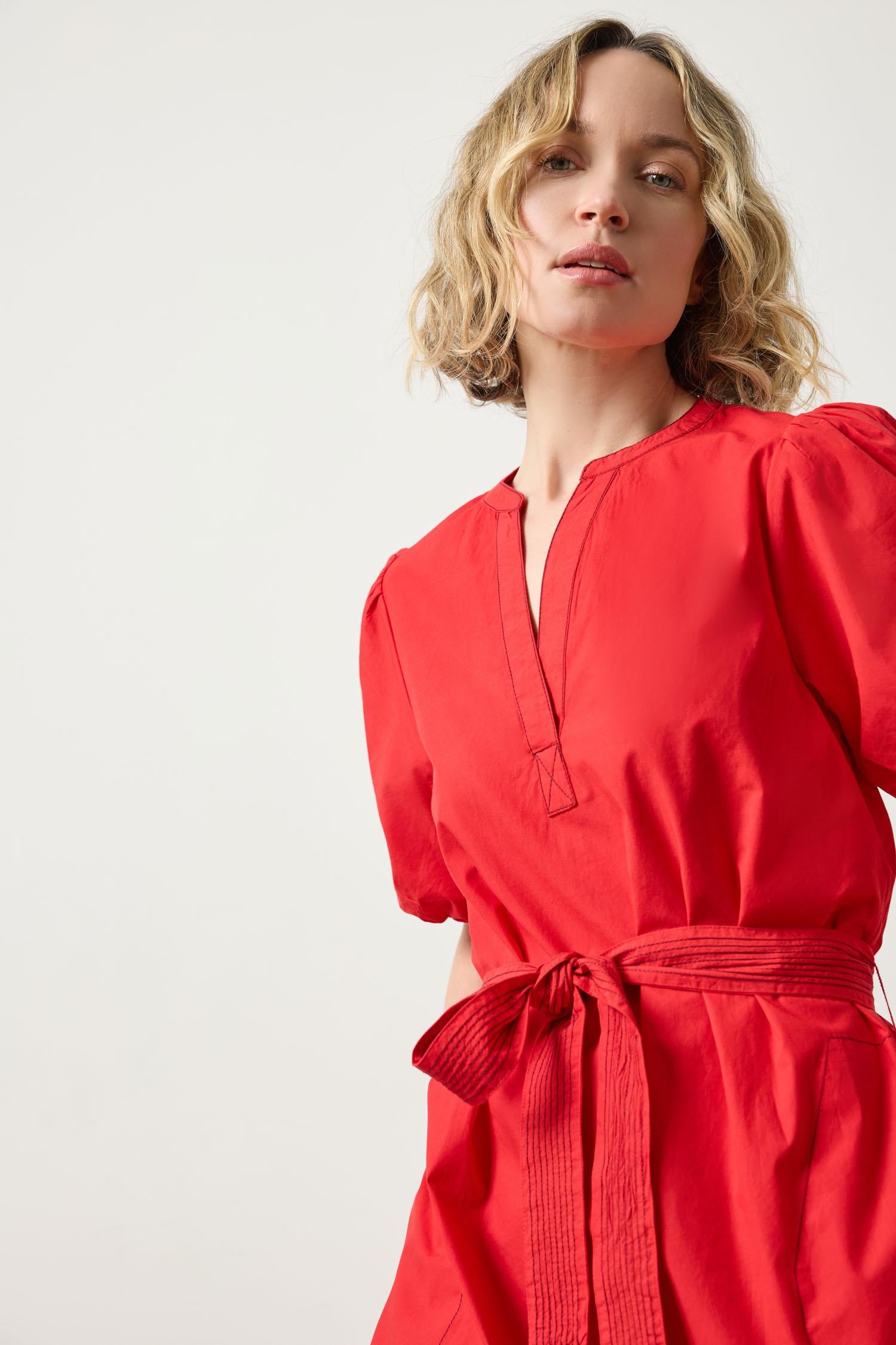 Shirred Sleeve Split Neck Dress in color Scarlet Image A3