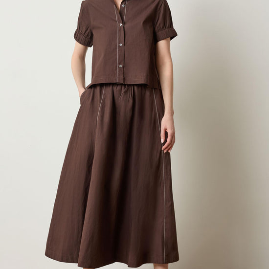 Elastic Cuff Button Down Womens Top Espresso A0