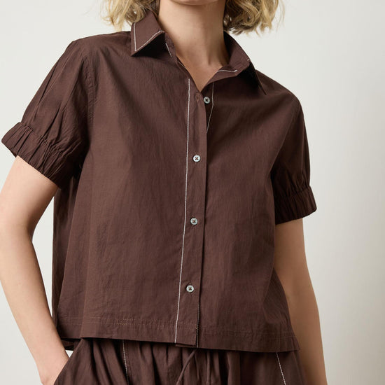 Elastic Cuff Button Down Womens Top Espresso A1